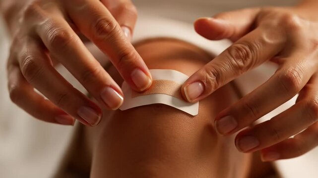 A person applying a small round patch to their skin with both hands in a close-up view