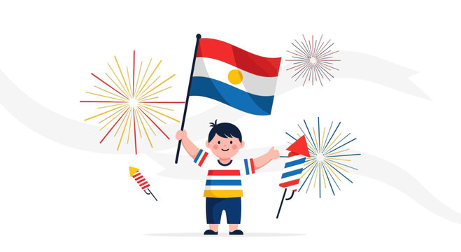 Joyful Celebration Of Paraguayan Culture With Child And Festive Fireworks Display