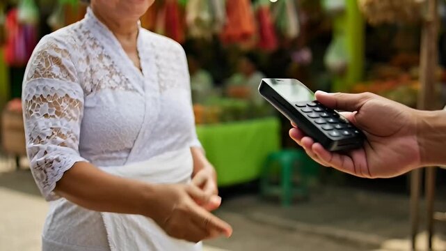 Woman using mobile payment device at outdoor market with green canopy