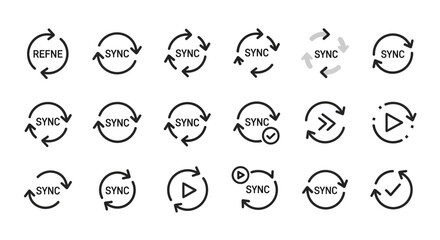 Set of Sync and Refresh Icons: Digital Synchronization, Reload, and Update Symbols for Web and App UI