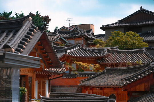 Authentic Hanok Village Scene in Seoul South Korea Ground View