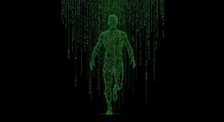 A futuristic digital human figure composed of green binary code stands amidst a dark digital environment with cascading code streams. © Simon