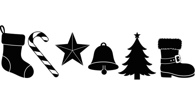 Christmas Icons Silhouette: Stocking, Candy Cane, Star, Bell, Tree, Boot