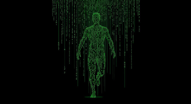A futuristic digital human figure composed of green binary code stands amidst a dark digital environment with cascading code streams.