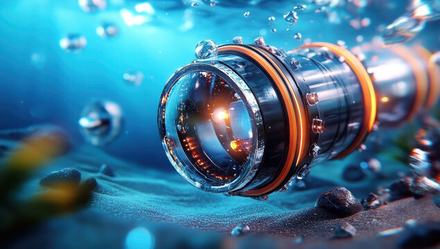 Futuristic underwater device with glowing orange accents, submerged in ocean depths, emitting light