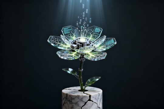 Ultra-detailed conceptual mechanical flower with translucent glass petals, glowing veins, and holographic data particles on a dark cinematic background.