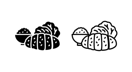 Fototapeta premium Black and White Icons: A Bowl of Rice, Croissant, and Lettuce