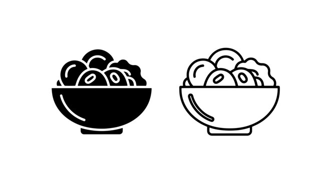 Icons showing a bowl filled with round food items, suggesting dumplings or meatballs in a simple graphic style