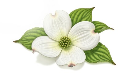A detailed botanical illustration presents a pristine white dogwood flower with its characteristic four-petal bracts and a cluster of green true flowers