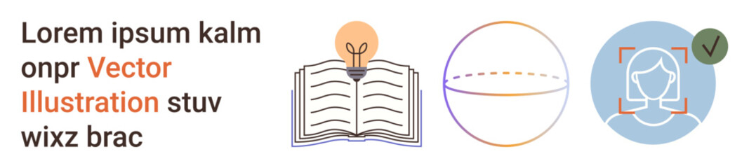 Education, creativity, identity verification, knowledge sharing, personal development, conceptual learning. Illustrated elements include a book with a light bulb, minimalist globe, and verified human © robu_s