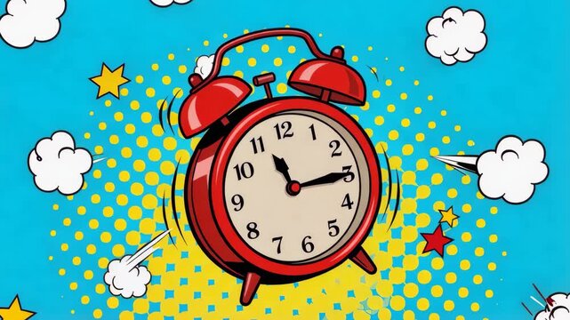Red Alarm Clock Ringing on Blue and Yellow Halftone Background, Pop Art Illustration, Comic Style Time Management Poster, Deadline Reminder Concept, Video