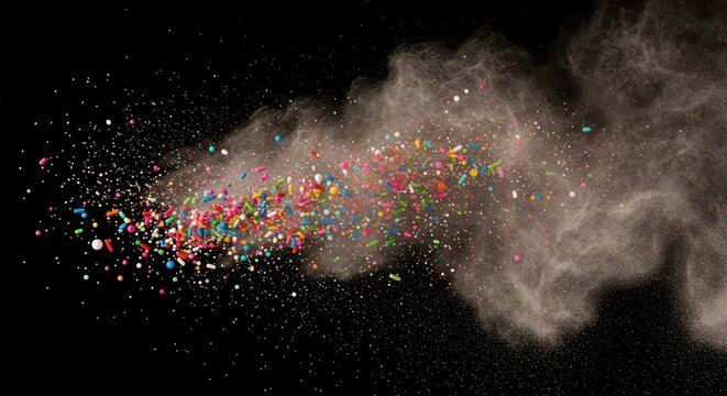 Vibrant rainbow sprinkles dusted over white crystalline energy powder for a playful boost of focus and wakefulness, caffeine, white, stimulating