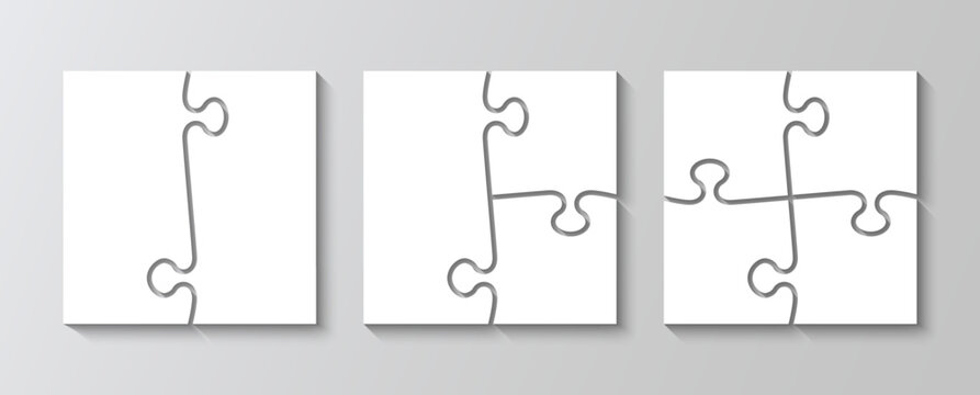 Cutting template puzzle pieces. Jigsaw grids set. Scheme for thinking game. Simple mosaic background with separate details. Frame tiles. Vector illustration.