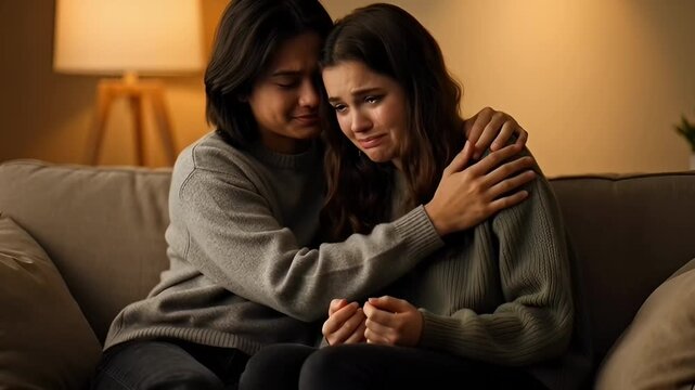 Two women sitting on a couch, comforting each other in a warm and cozy living room with a lamp in the background, a heartwarming moment captured in a video.