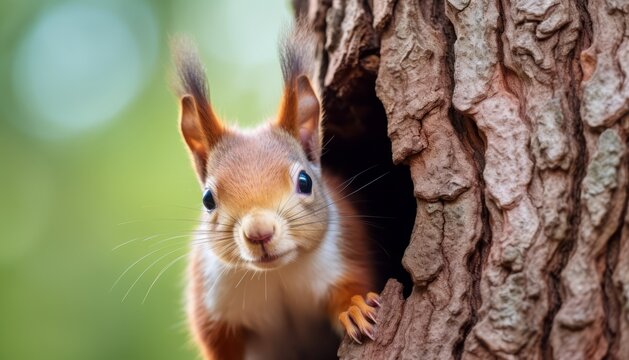 Curious red squirrel peeking behind the tree trunk
