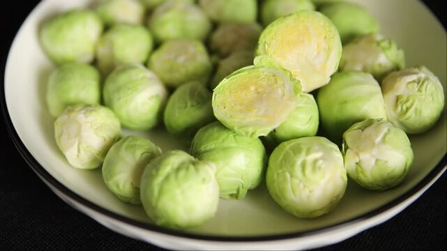 Brussels sprouts organic vegetable bio cooking tasty snack fresh gourmet food background on the table rustic food top view copy space vegetarian and vegan food marketing concept 