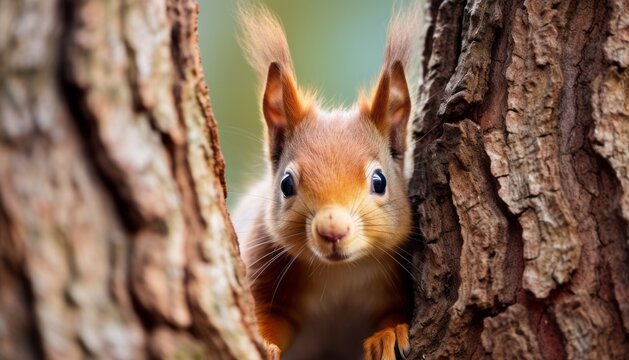Curious red squirrel peeking behind the tree trunk