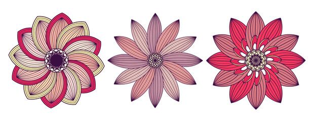 Fototapeta premium Hand drawn set of flower head. Decorative colorful cute doodle sketch illustration. Abstract spring vector elements isolated on white background. Floral blooming flower for design card, invitation