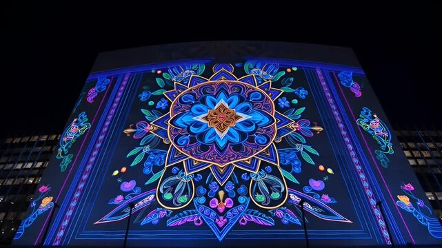 A large building illuminated with vibrant blue and multicolored lights in a nighttime video projection display