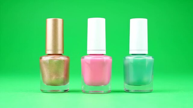 Three colorful nail polish bottles with white caps on a green background for mockup or business advertising purposes.