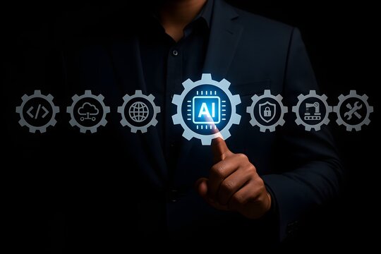 Businessman points to a central artificial intelligence gear icon, surrounded by other technology-related gears, signifying ai's role in system integration.