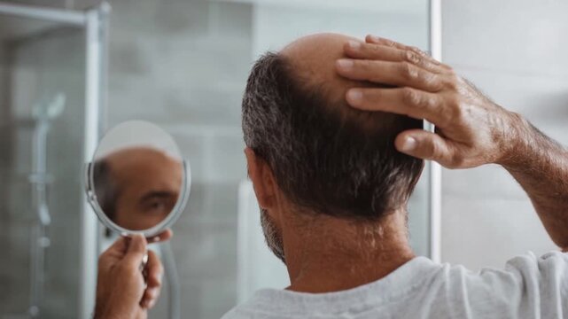 Man runs his hand over the top of his head to check early hair loss