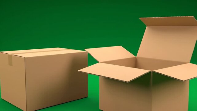 Two brown cardboard boxes, one open and one closed, on a green background, used for business mockup and packaging purposes.