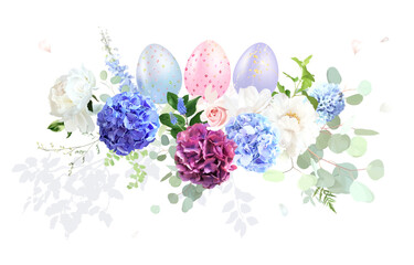 Easter eggs, roses, white lilac, hydrangea, hyacinth, ranunculus, greenery and branches floral vector bouquet. Bold colored watercolor.Blooming garden.Spring florals.Elements are isolated and editable © lavendertime