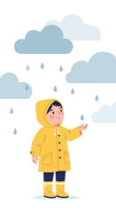 Fototapeta premium Joyful Child In Yellow Raincoat Delighting In Autumn Showers And Gray Clouds
