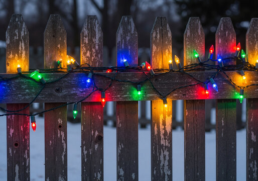 Colorful Christmas lights decorating a wooden fence in winter  