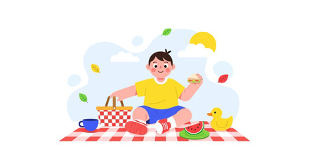 Joyful Child Enjoys Picnic Lunch Outdoors Under Sunny Sky With Duck