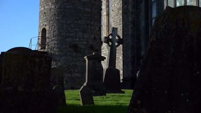 Kilkenny, Ireland. 10-30-2023. Stone tombstones. Cemetery of St. Canice. Video 4K