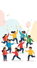 Fototapeta premium Joyful Children Celebrating With Sparklers Against Abstract Colorful Background Design