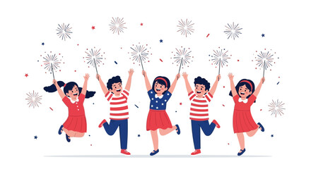 Fototapeta premium Joyful Children Celebrating With Sparklers And Fireworks In A Festive Outdoor Scene