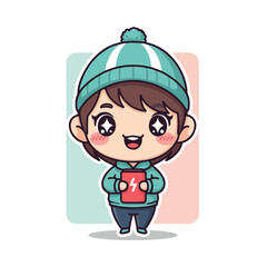Cute cartoon child holding gift happy kid in winter clothes