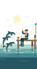 Joyful Dolphin Trio Leaping Near Fisherman on Serene Pier