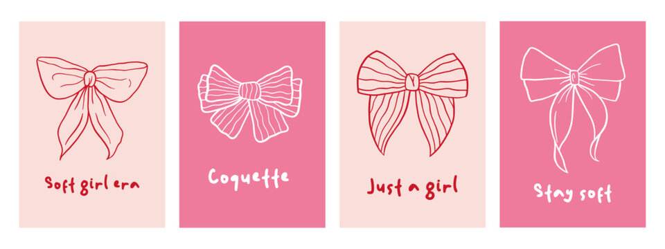 Vector set of whimsical coquette bow posters in soft pink palette with hand drawn ribbon bows and playful soft girl quotes. Charming girly wall art for bedroom decor, dorm gallery wall, social media.
