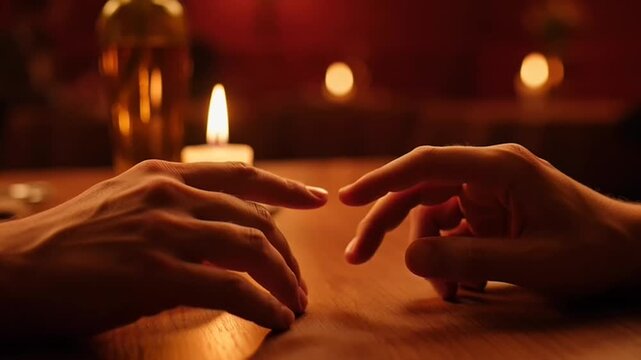 Two hands almost touching fingers in a peaceful and intimate setting with candles lit in the background