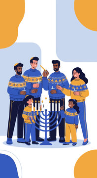 Joyful Family Celebrates Hanukkah Lighting Menorah With Warm Glow