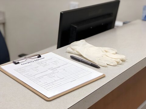 Emergency admission paperwork on hospital reception desk with pen and medical gloves. Healthcare registration, patient intake process and hospital administration concept.