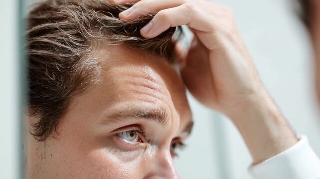 Close-up of a man touching his thinning hair and scalp in front of a mirror, focusing on hair loss and male pattern baldness