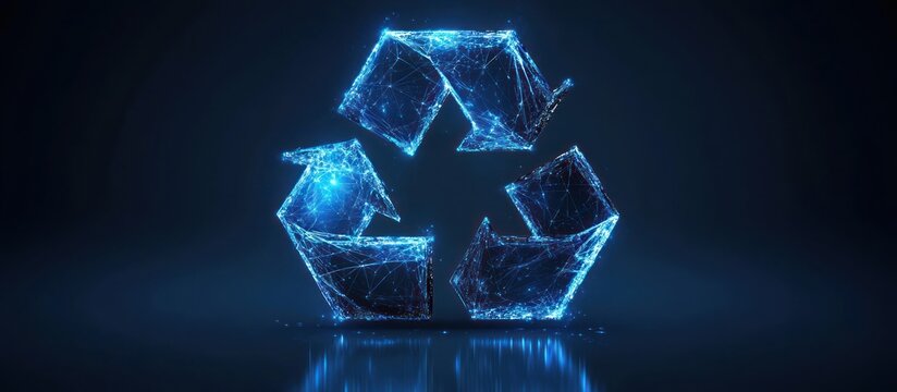 Glowing recycle symbol, dark background, sustainability