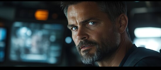 Serious man, control room, mission, blurred screens, film still