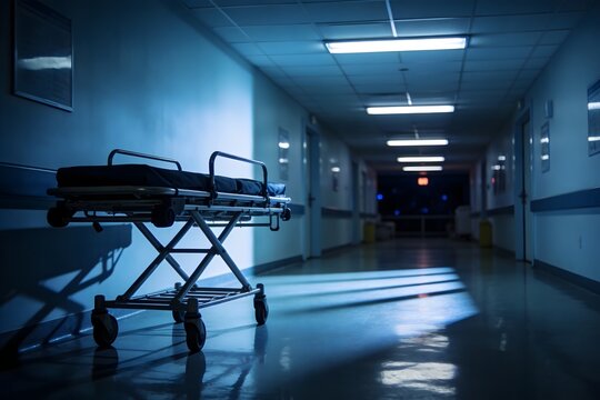 Dimly lit hospital hallway with empty medical stretcher under fluorescent lights. Nighttime healthcare environment, emergency readiness and clinical atmosphere concept.