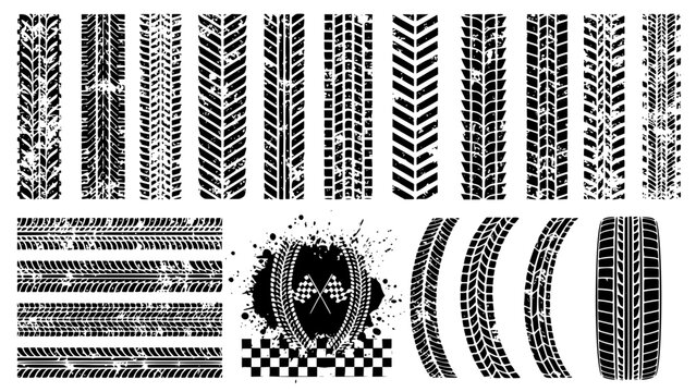 Tire tread marks after skidding, launch, drift, powerslide in motorsport, rally, off-road, motocross. Wheel texture with splash effect. Vector, transparent background SVG version.