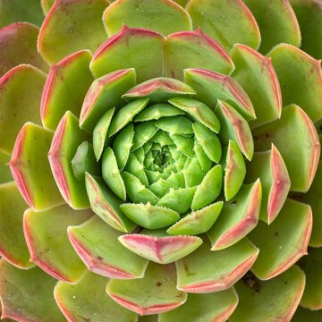 Symmetrical succulent detail. Leaves form green rosette with red edges. Close-up plant