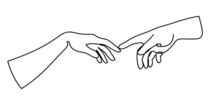 A simple black and white line art illustration of two hands reaching out to touch each other. Vector, illustration