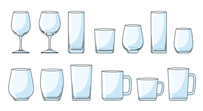 Collection of various empty glassware items including wine glasses drinking tumblers mugs and cups for bar and kitchen design.