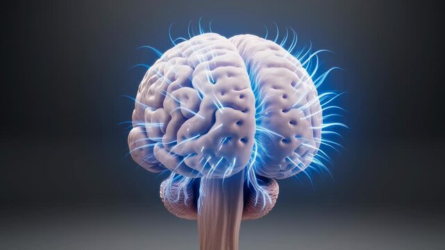 Anatomical render of a human brain depicting neural activity and connections elegantly visualized