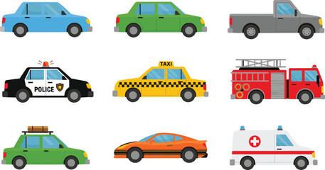 Set of colorful vehicle icons including police car taxi ambulance fire truck sedan and sports car for city traffic transportation © Rakibul